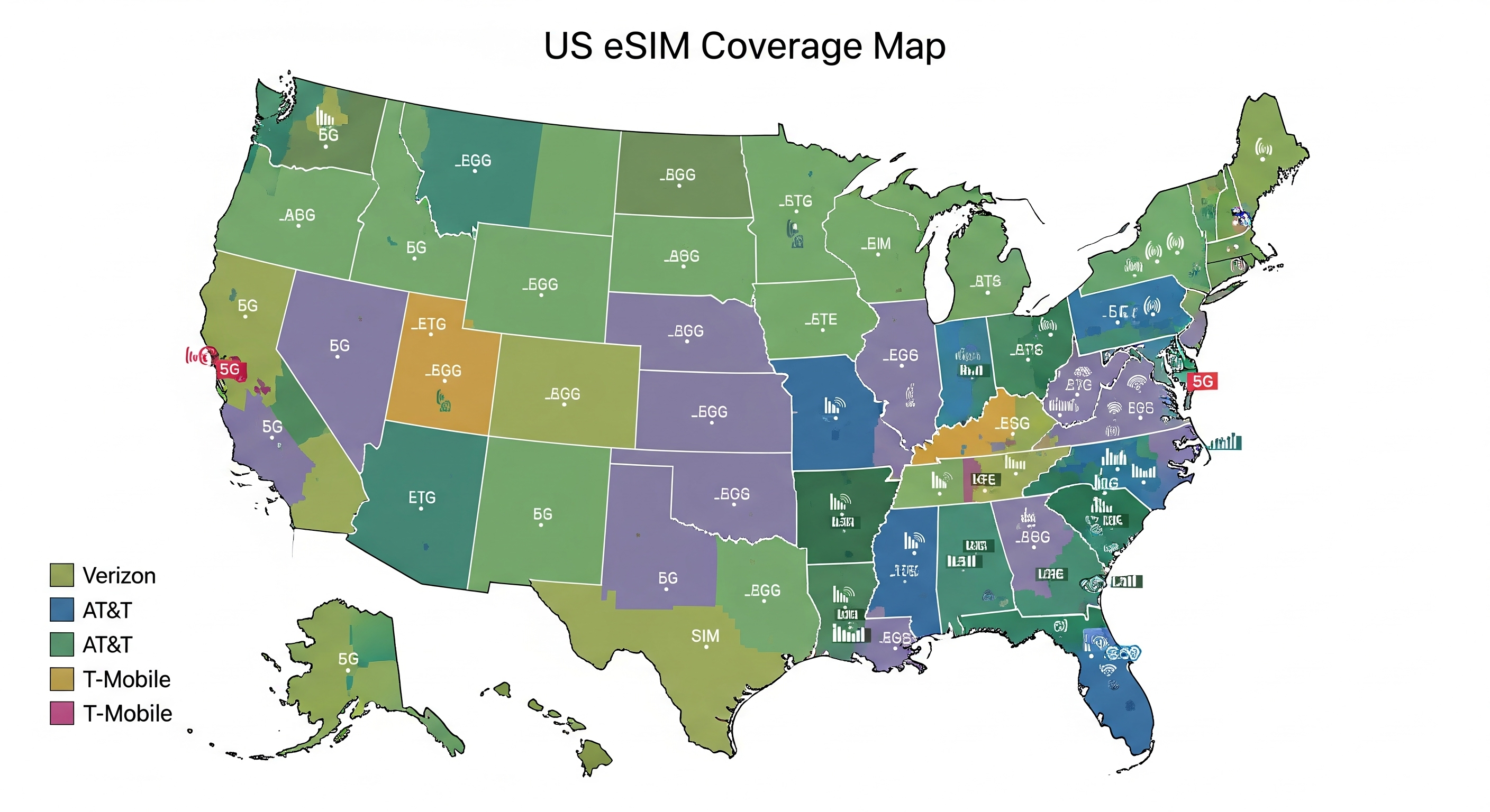 US map showing eSIM coverage across states